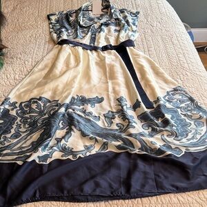 NWT Ungee Cream Maxi Dress with Navy Floral Border and Belt